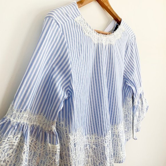 ZARA Striped Blue White Blouse Top Lace Detail - Picture 5 of 14